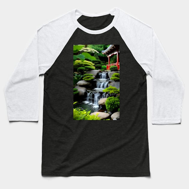 Zen Waterfall and Pagoda Baseball T-Shirt by ArtBeatsGallery